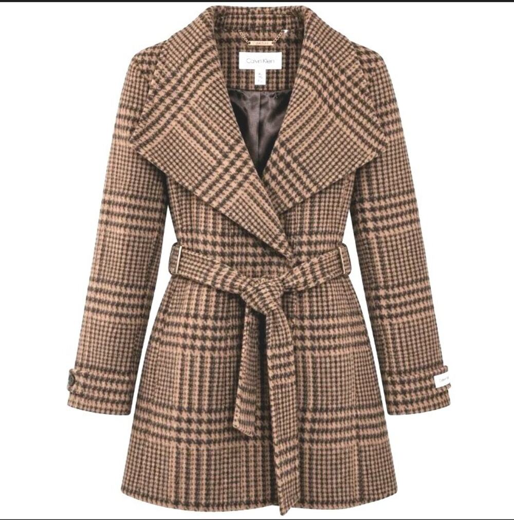 Calvin Klein Plaid Wrap Pea Coat Brown Black Belted Trench Wool Blend Womens XL